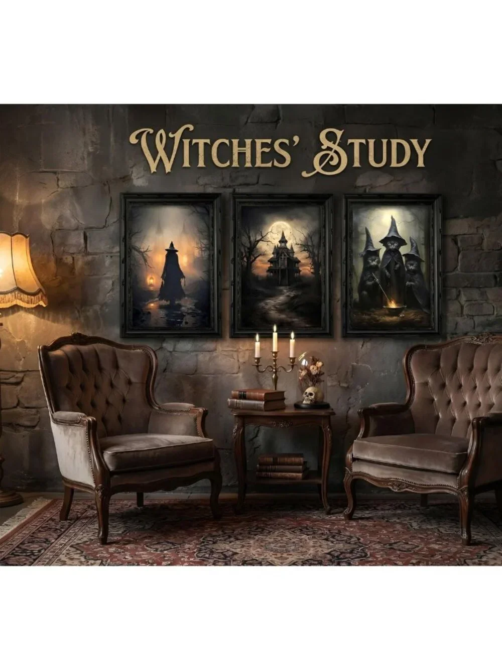 3Pcs Black Framed Halloween Canvas Art - Dark Academia Witch, Cat & Castle Decor
